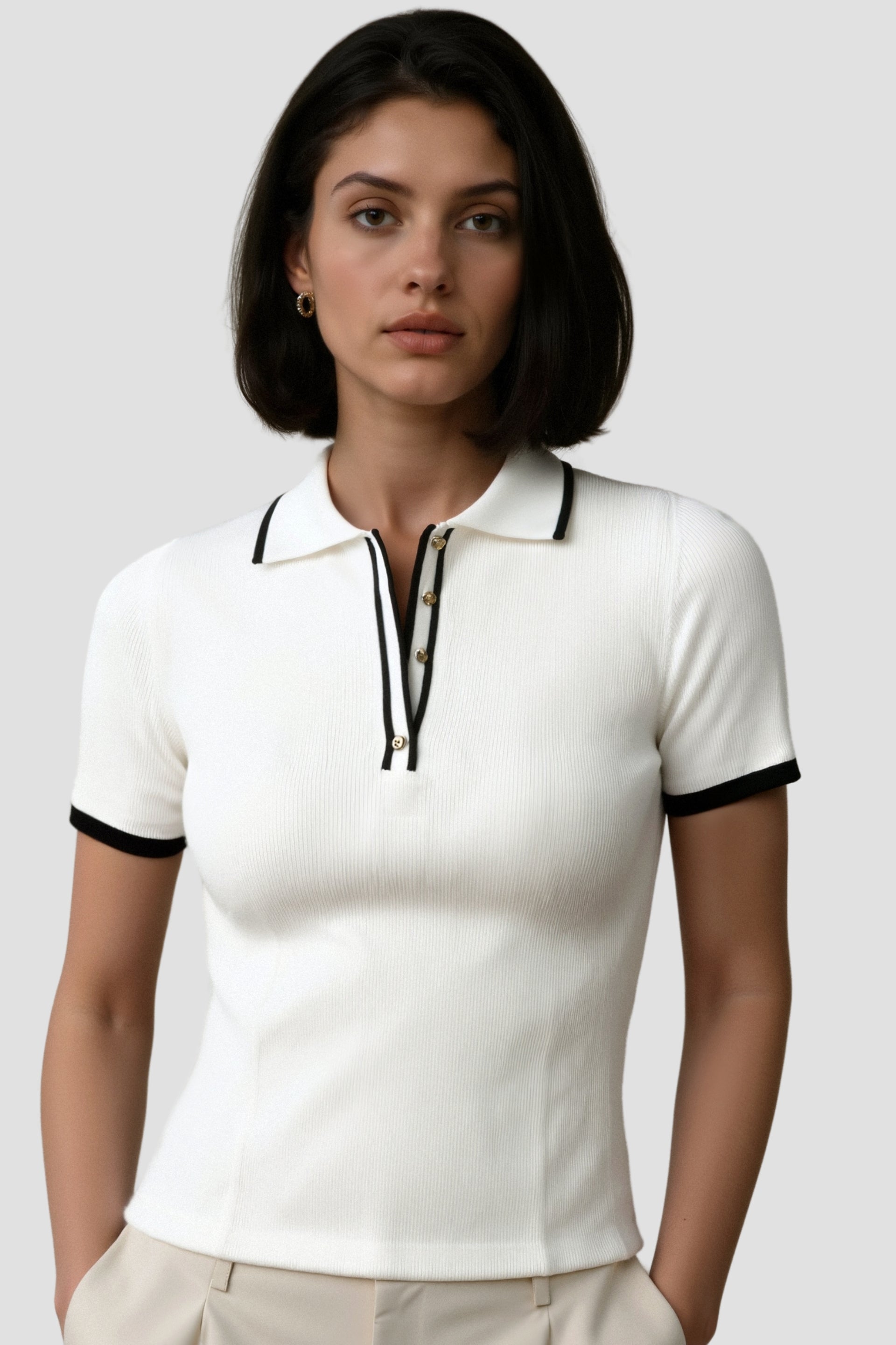 Old Money Kontrast Elegante Trim Kragen Slim Button Up Polo T-Shirt