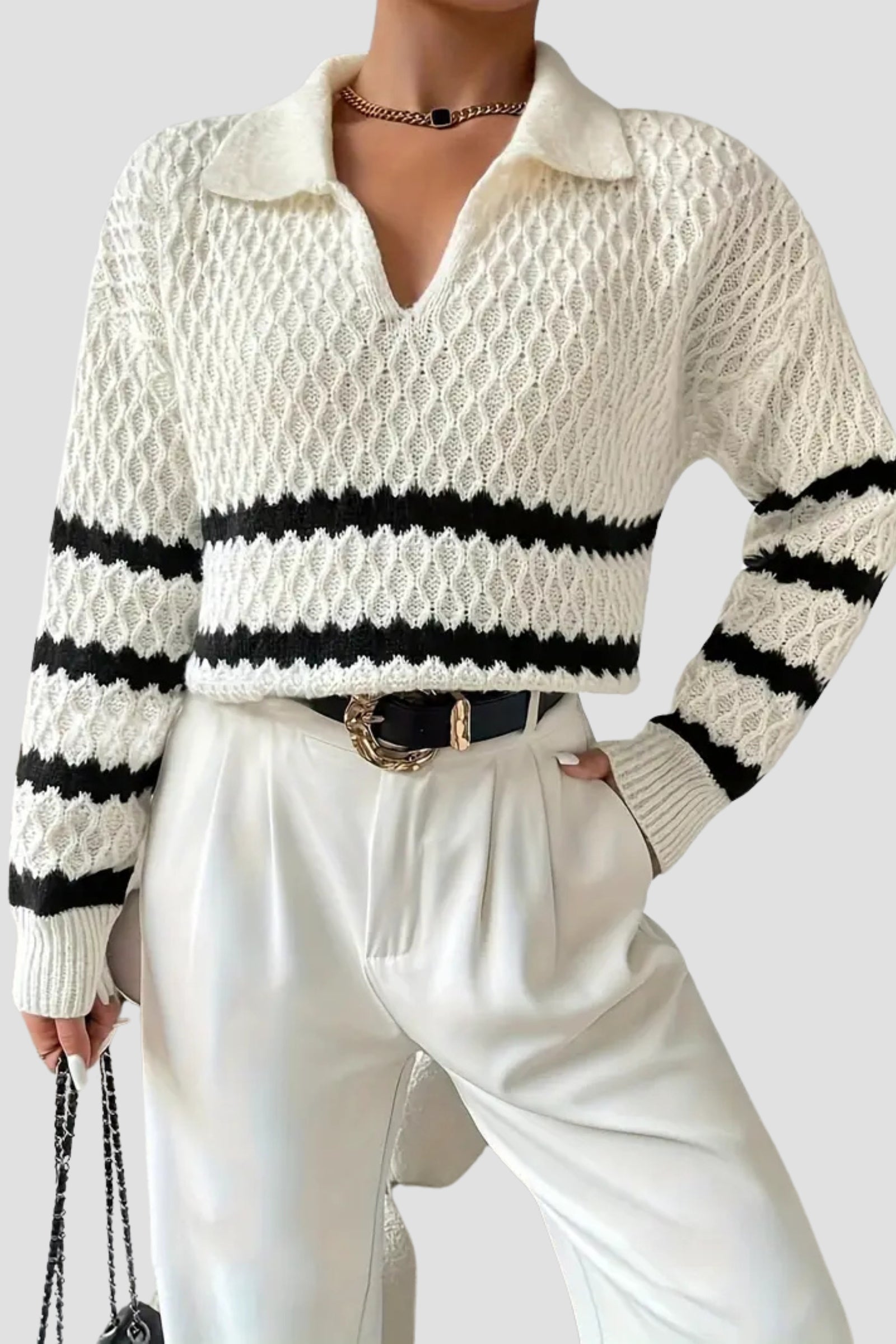 Eleganter Kabelstrick gestreifter Diamantstruktur Kragenpullover