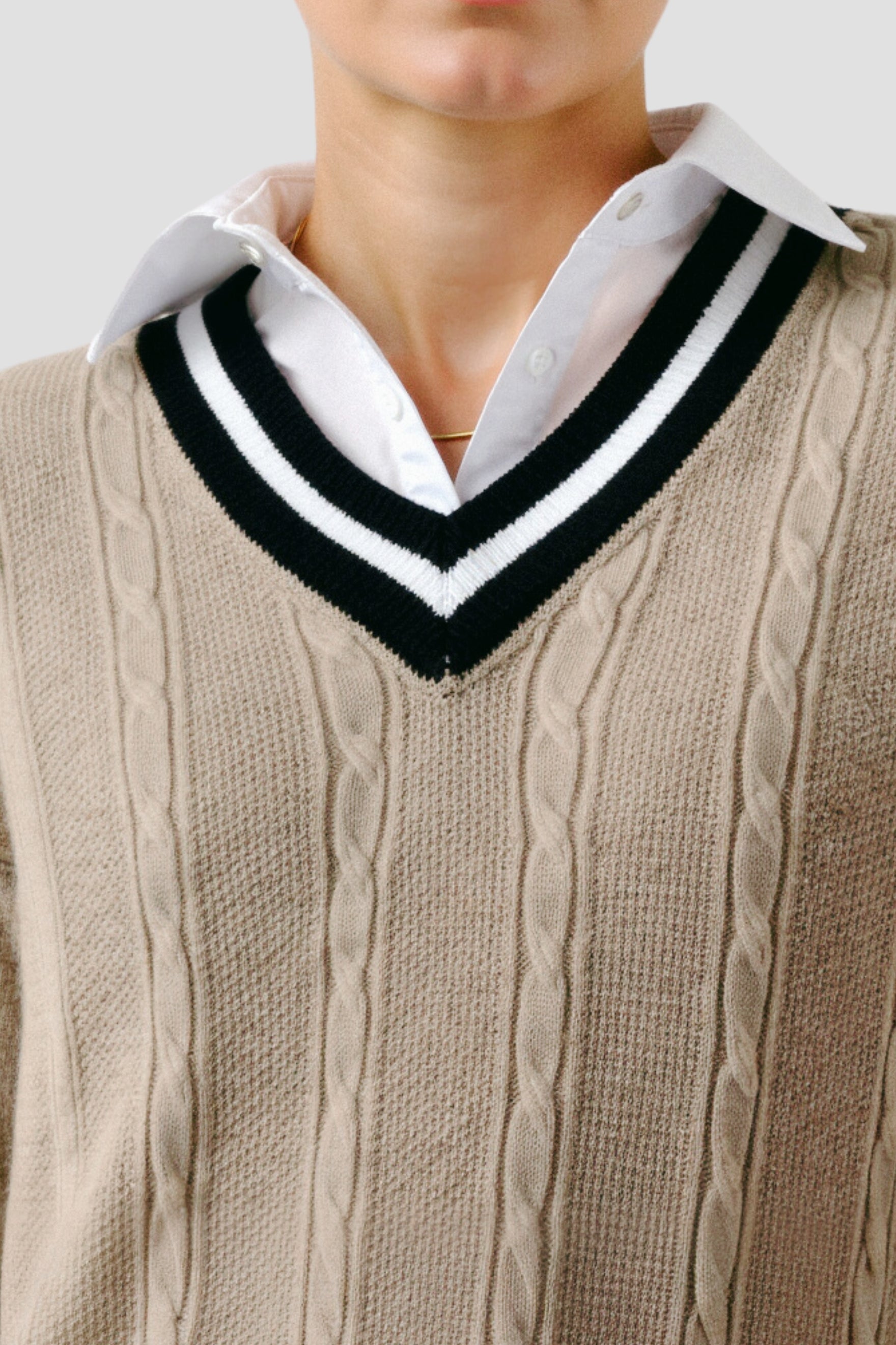 Old Money Kontrastbesatz V-Ausschnitt Eleganter Kabelstrick Langarmpullover