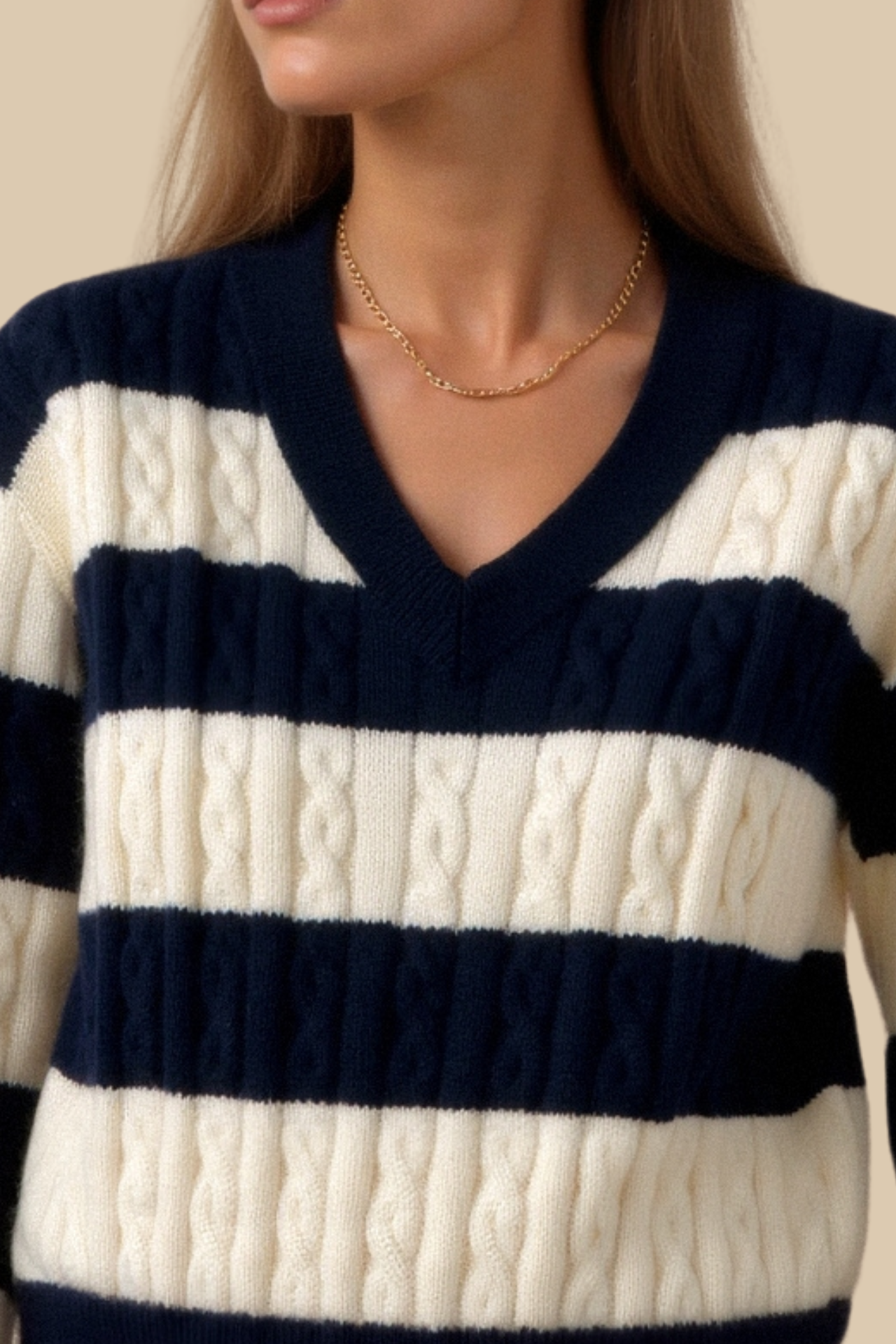 Old Money Kabelstrick Farbblock V-Ausschnitt Eleganter Fall-Schulter Pullover