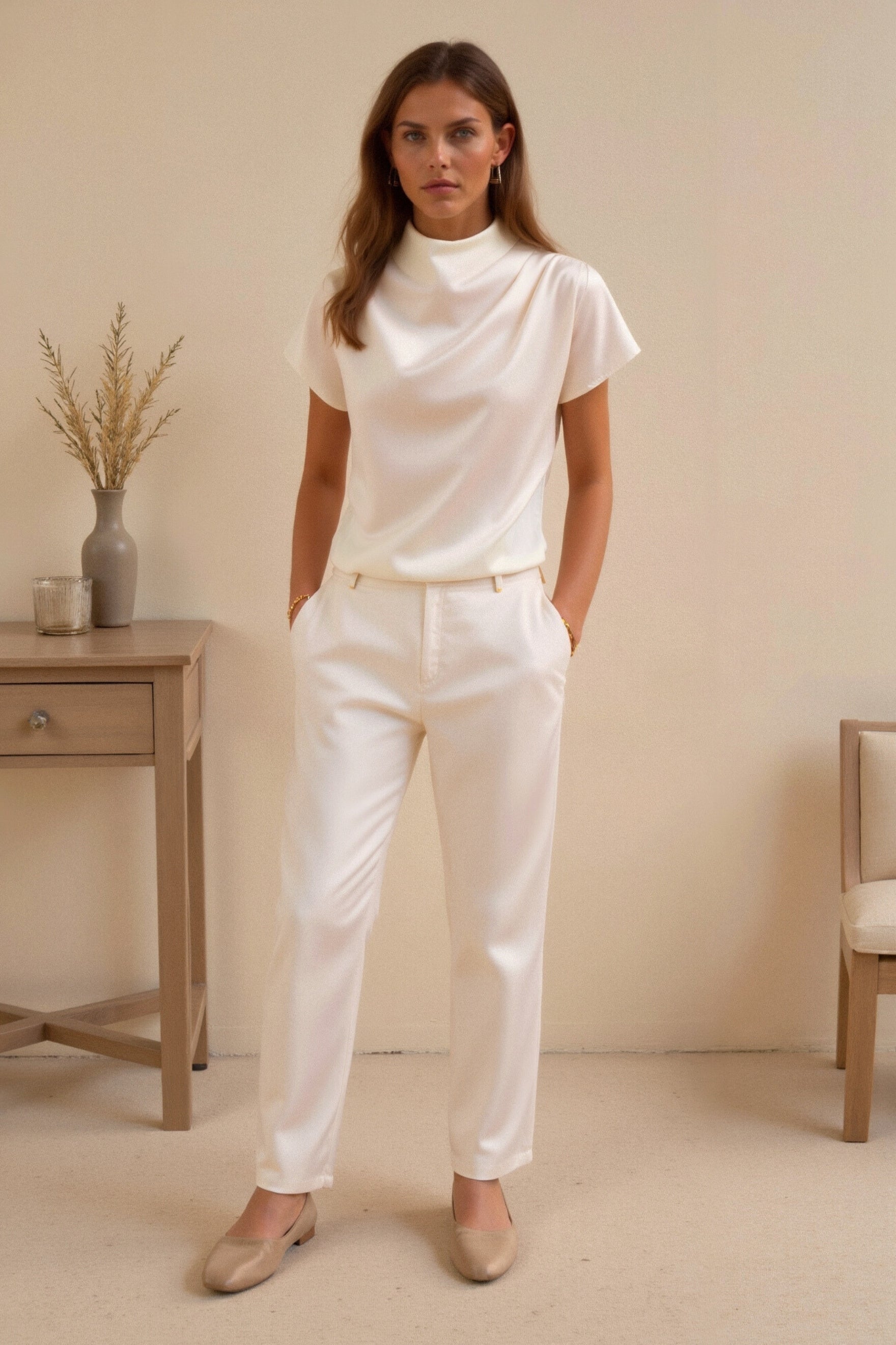 Old Money Plain Premium Solid Pleated Mock Neck Bluse
