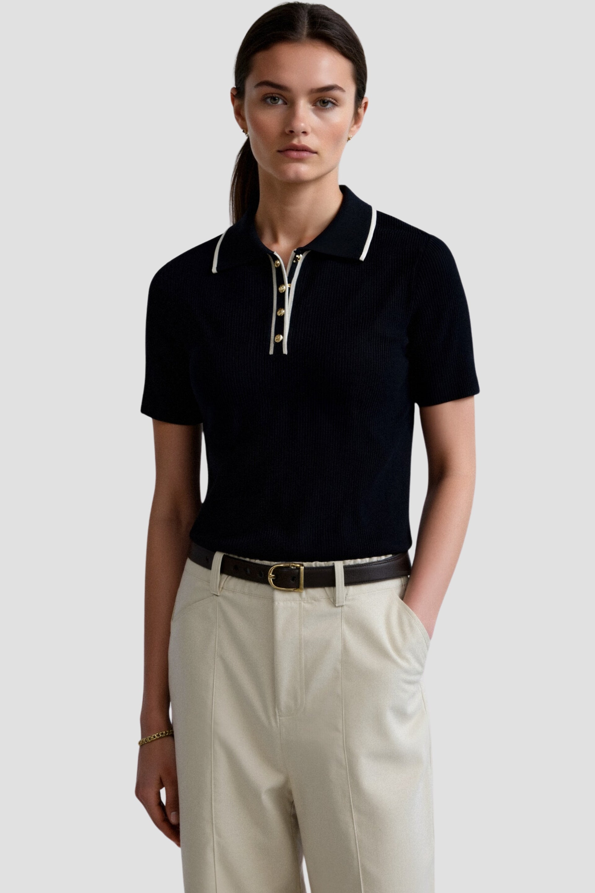 Old Money Kontrast Elegante Trim Kragen Slim Button Up Polo T-Shirt