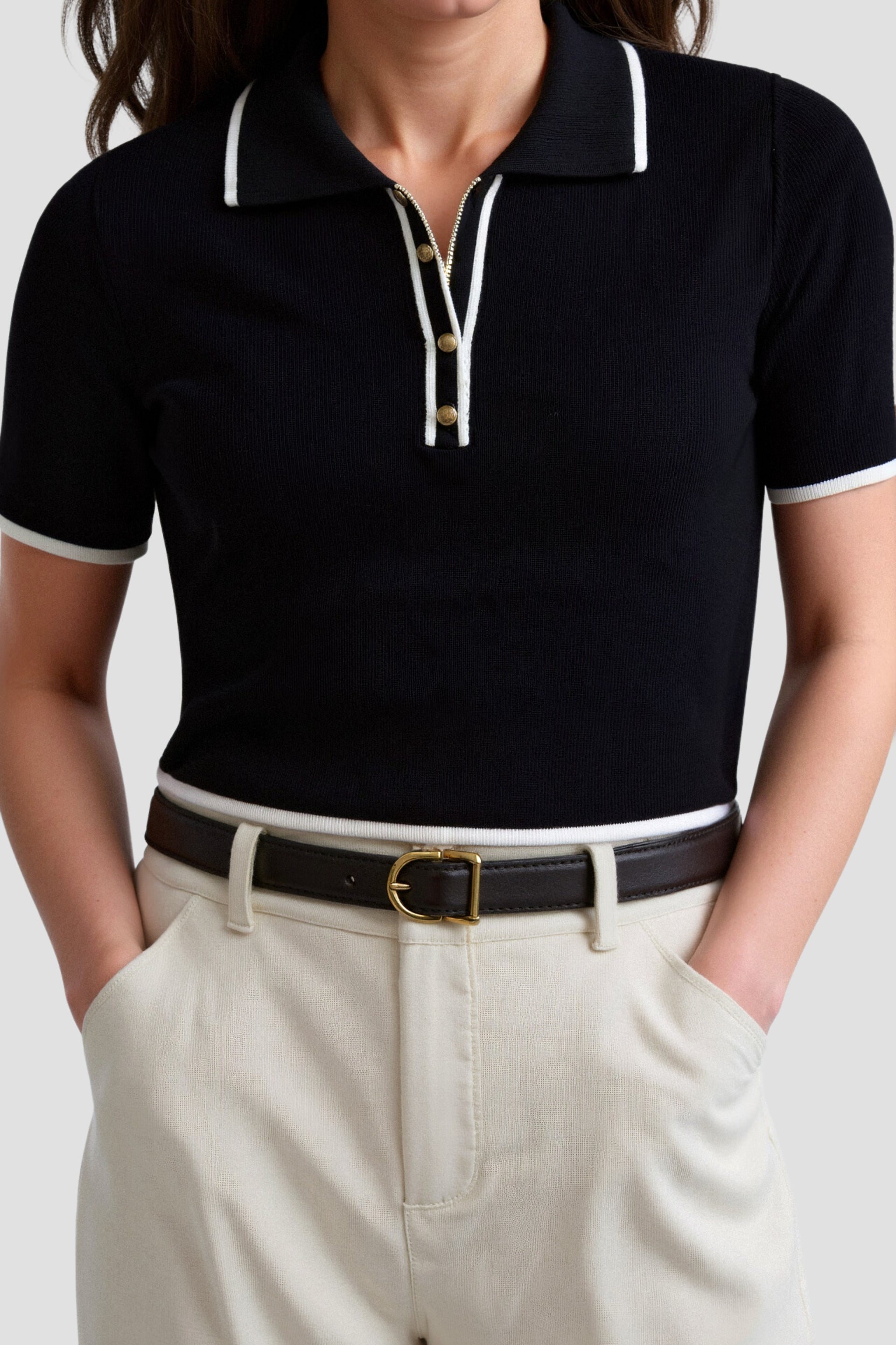 Old Money Kontrast Elegante Trim Kragen Slim Button Up Polo T-Shirt