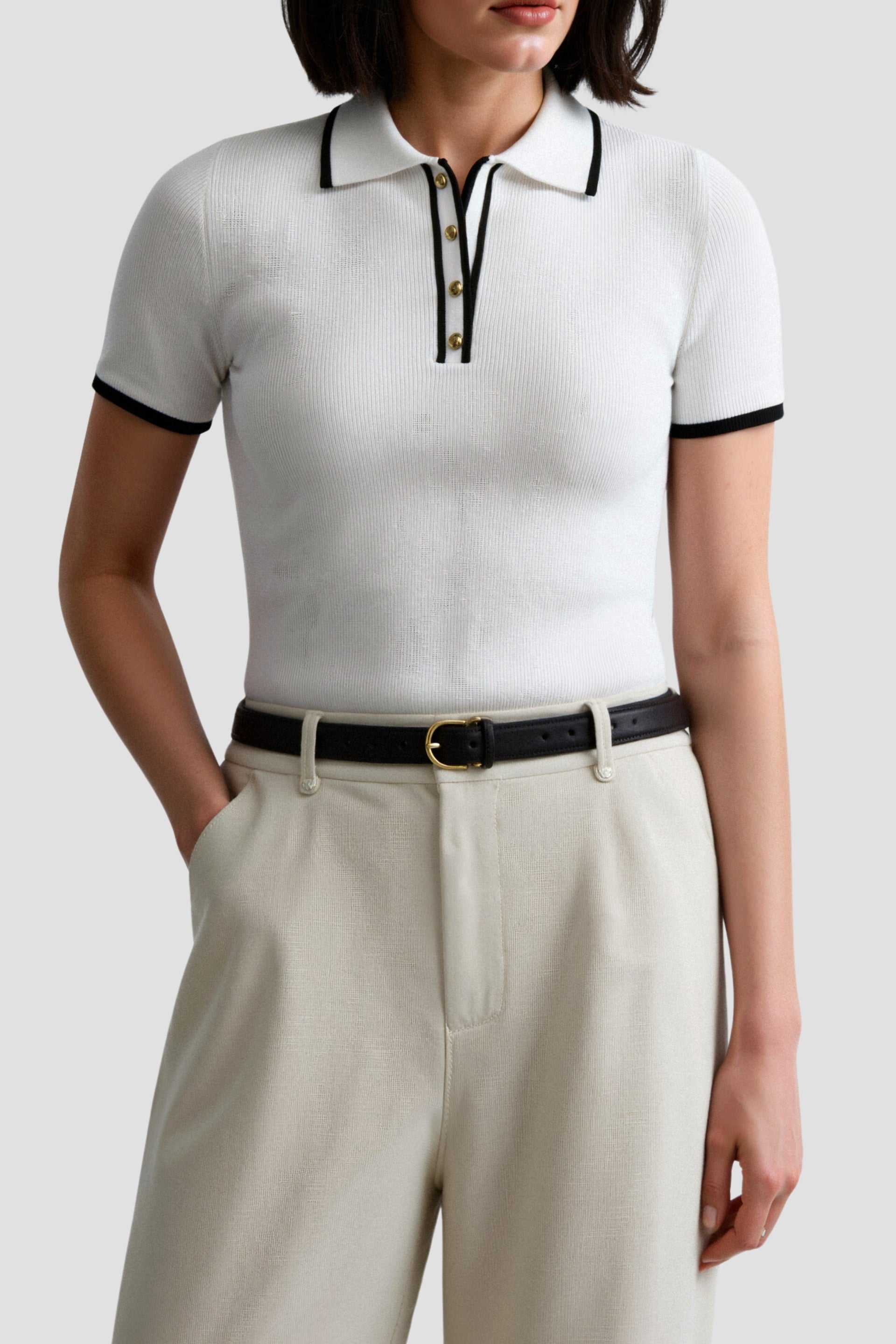 Old Money Kontrast Elegante Trim Kragen Slim Button Up Polo T-Shirt