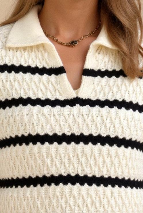 Premium Eleganter Langärmeliger Gemusterter Gestreifter Drop-Shoulder Kragenpullover