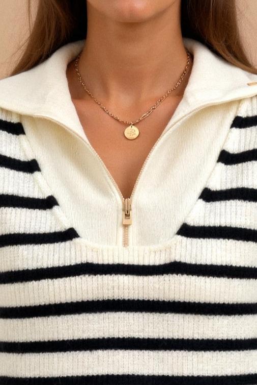 Eleganter schwerer gestreifter Pullover mit Viertel-Reißverschluss und Kragen