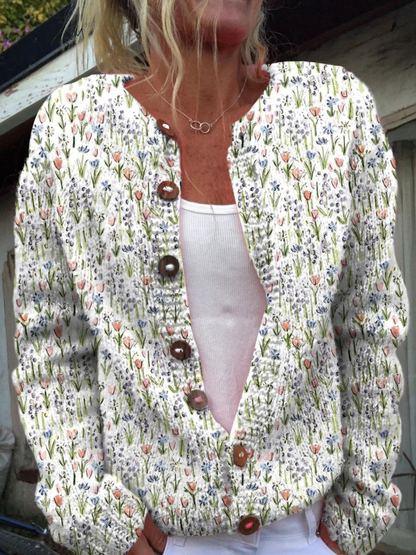 Frühling Wiesen Floral Repeat Muster Gedruckter Knopf-Cardigan Pullover