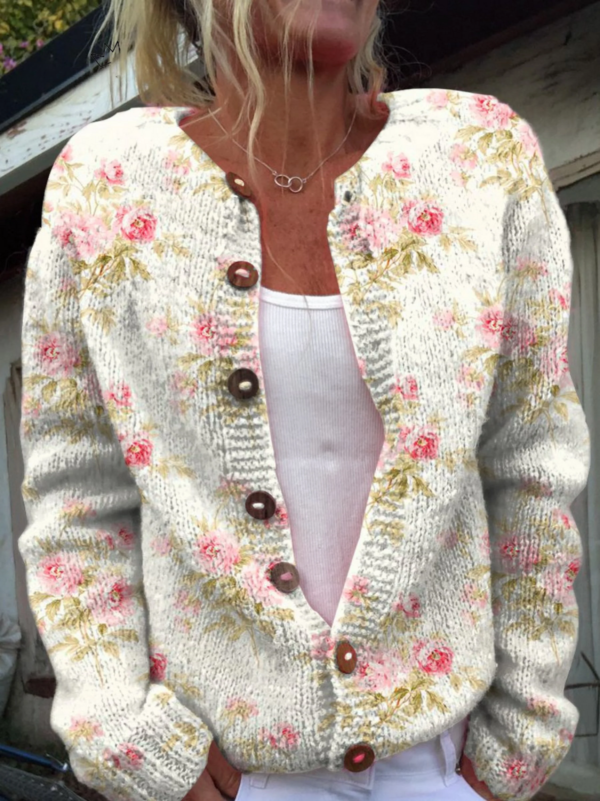 Frischer Pinker Blumen- und Grüner Blätter Druck Knopf-Cardigan Pullover