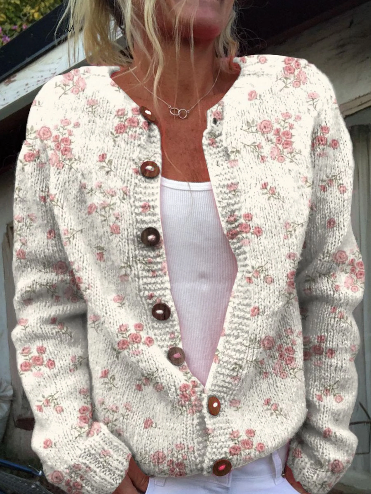 Rosa Rosenblüten Print Knopf-Cardigan Pullover