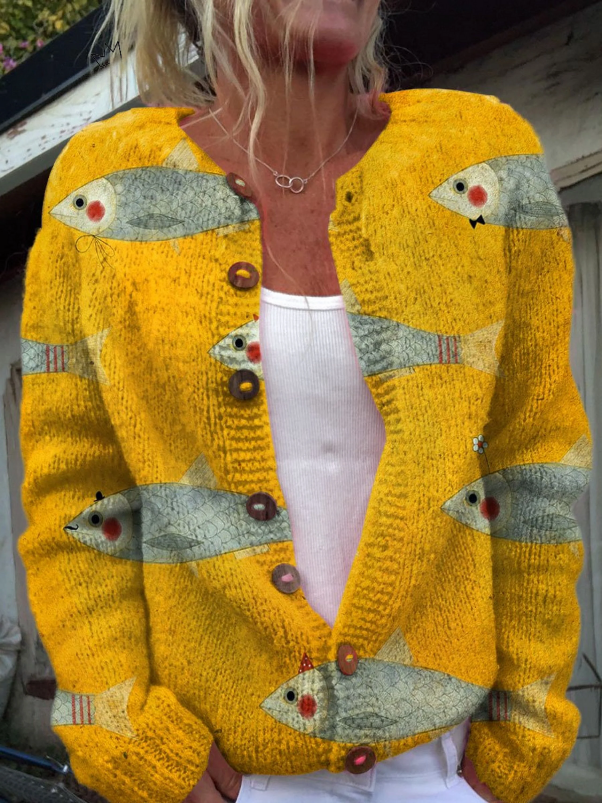Vintage Fisch Sardinen Kunstdruck Knopf-Cardigan Pullover