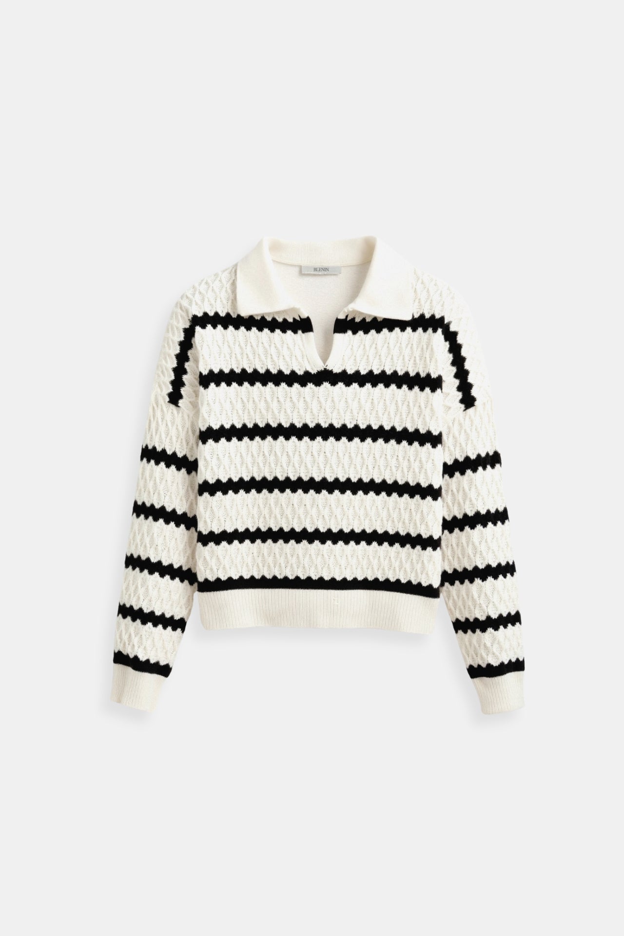 Premium Eleganter Langärmeliger Gemusterter Gestreifter Drop-Shoulder Kragenpullover