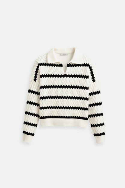 Premium Eleganter Langärmeliger Gemusterter Gestreifter Drop-Shoulder Kragenpullover