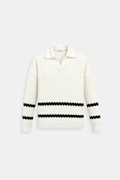 Eleganter Kabelstrick gestreifter Diamantstruktur Kragenpullover