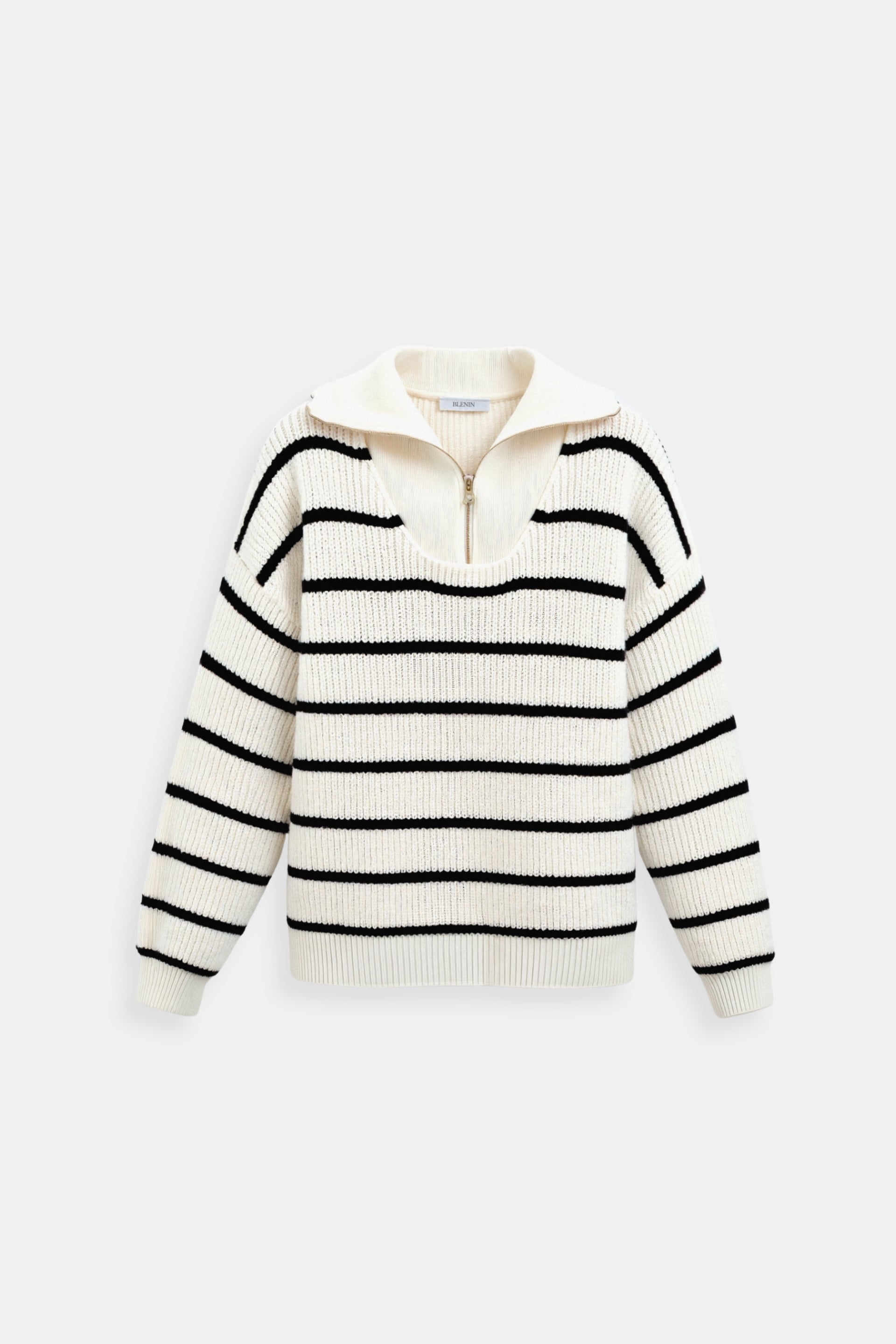 Eleganter schwerer gestreifter Pullover mit Viertel-Reißverschluss und Kragen