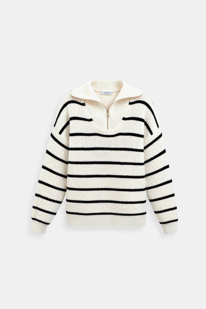 Eleganter schwerer gestreifter Pullover mit Viertel-Reißverschluss und Kragen