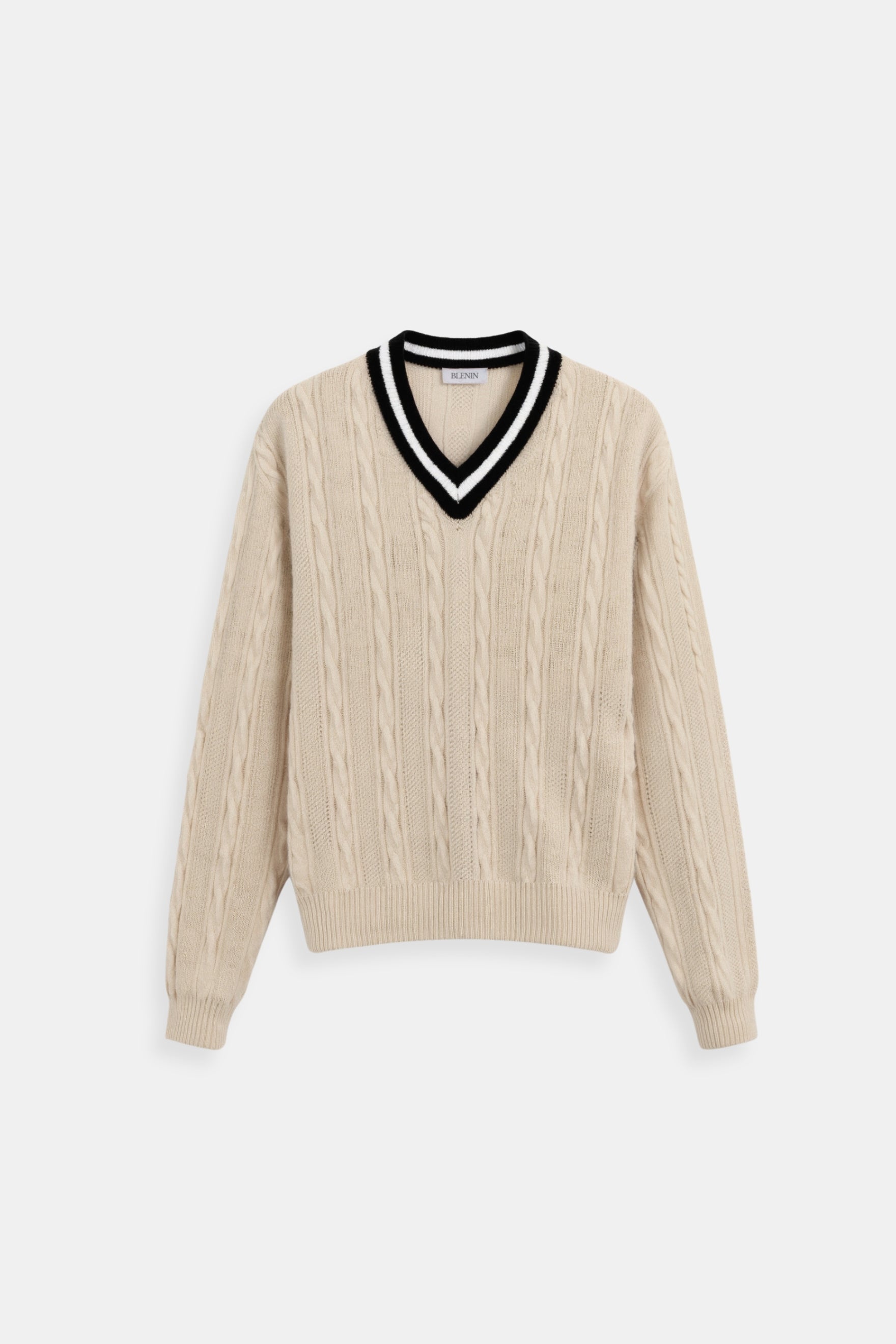 Old Money Kontrastbesatz V-Ausschnitt Eleganter Kabelstrick Langarmpullover