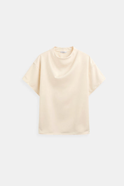 Old Money Plain Premium Solid Pleated Mock Neck Bluse