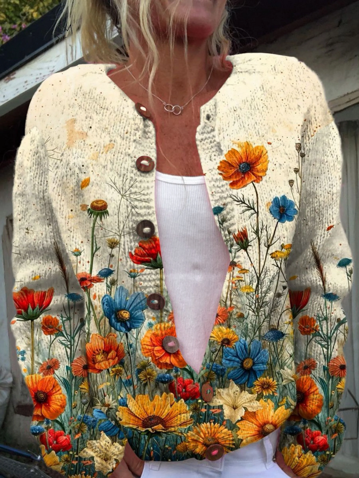 Vintage-Blumenkunst-Druck Knopf-Cardigan Pullover