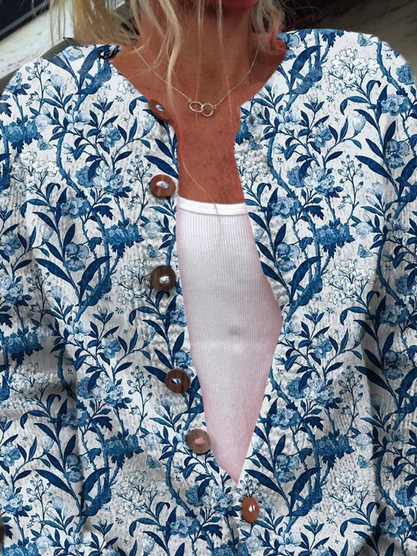 Eleganter blauer und weißer Blumenmuster-Print Knopf-Cardigan Pullover