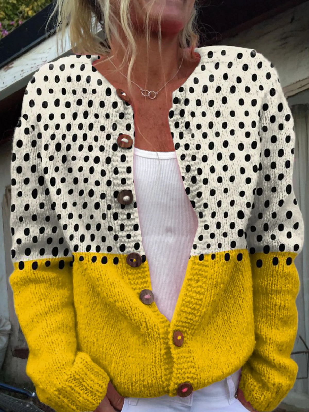 Gelber geometrischer Polka-Dots-Print Knopf-Cardigan Pullover