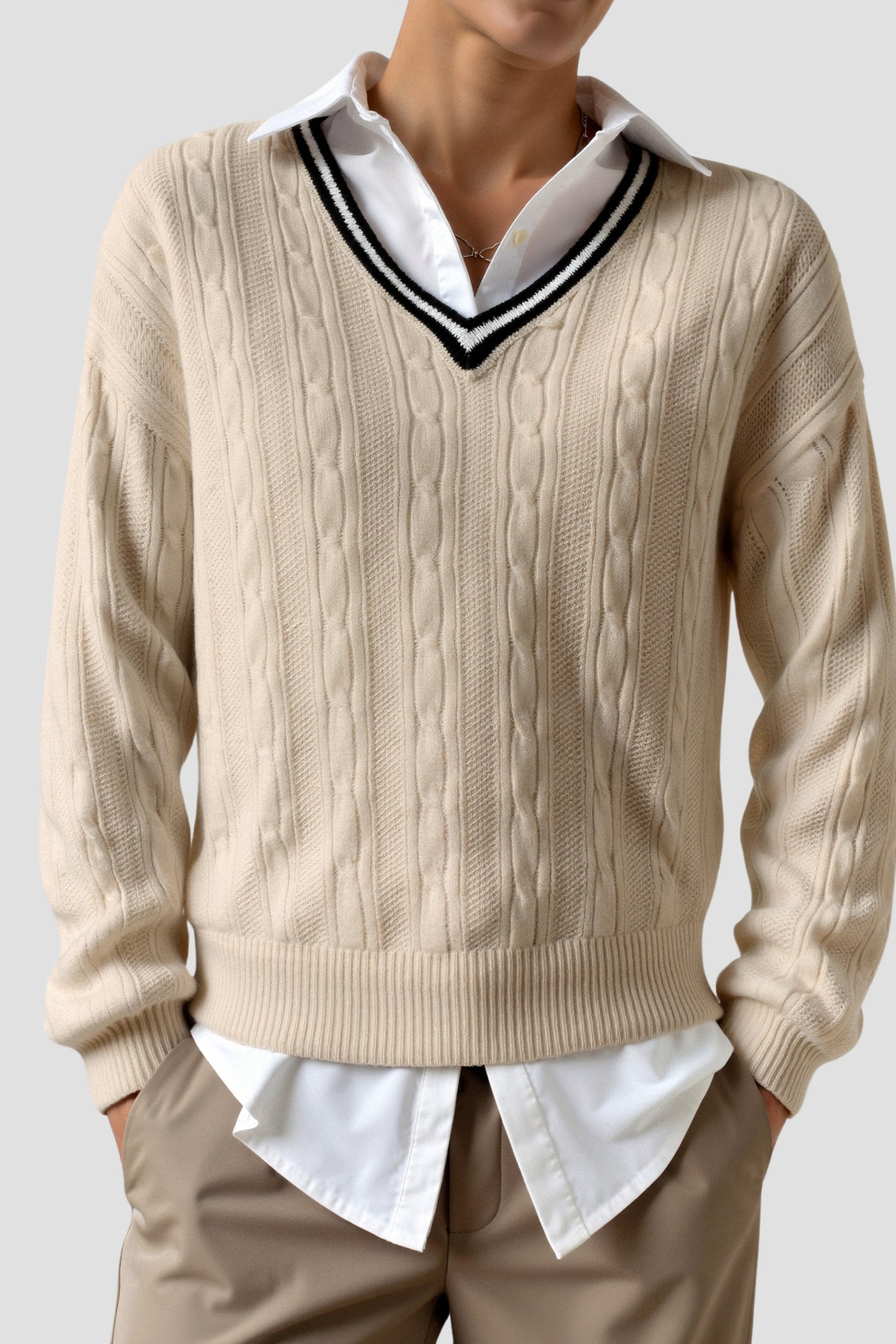 Old Money Kontrastbesatz V-Ausschnitt Eleganter Kabelstrick Langarmpullover