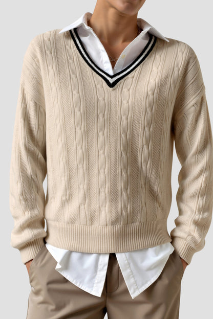 Old Money Kontrastbesatz V-Ausschnitt Eleganter Kabelstrick Langarmpullover