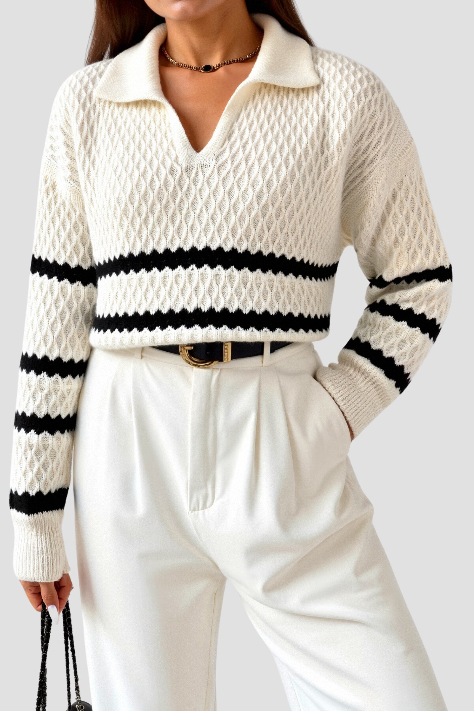 Eleganter Kabelstrick gestreifter Diamantstruktur Kragenpullover