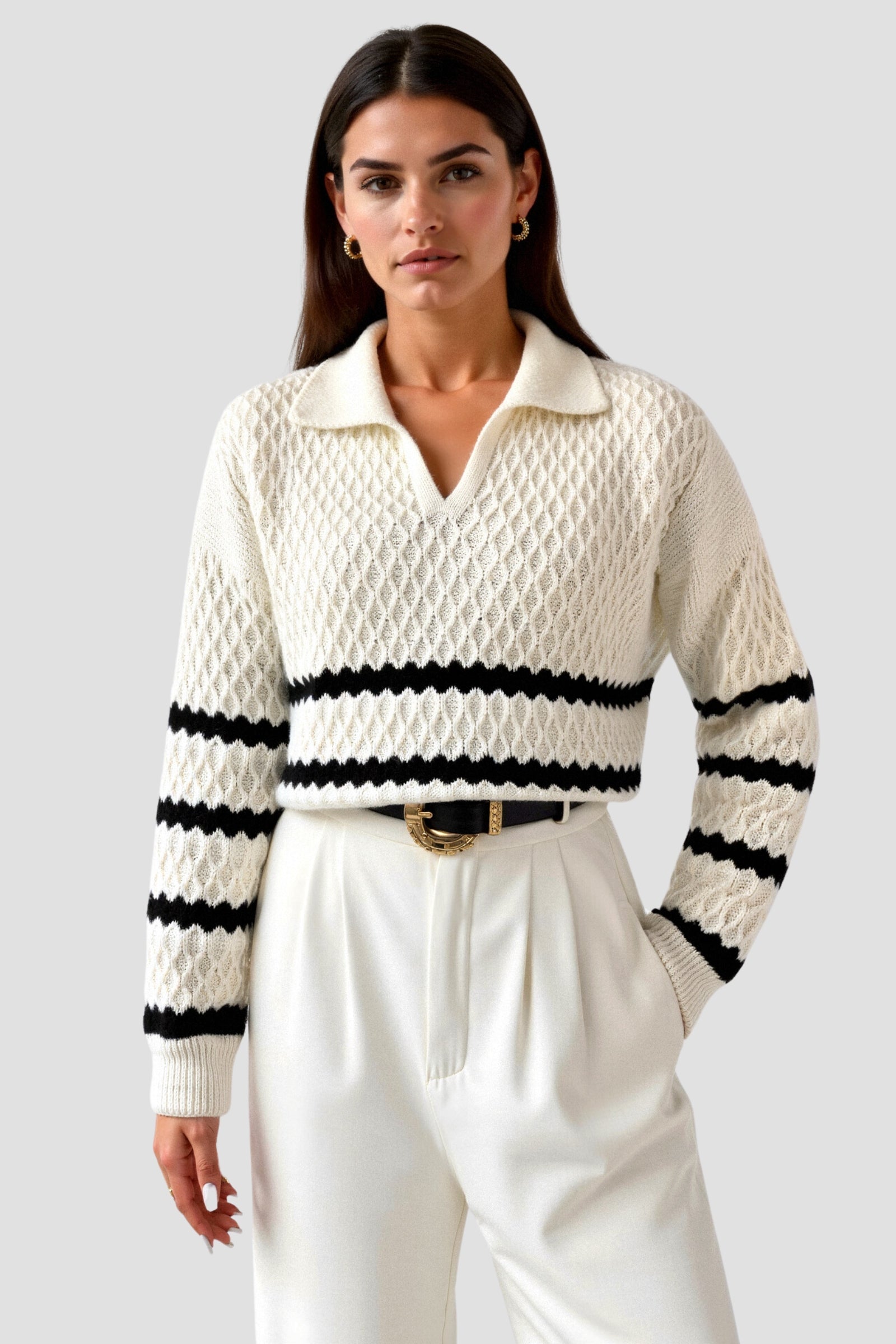 Eleganter Kabelstrick gestreifter Diamantstruktur Kragenpullover