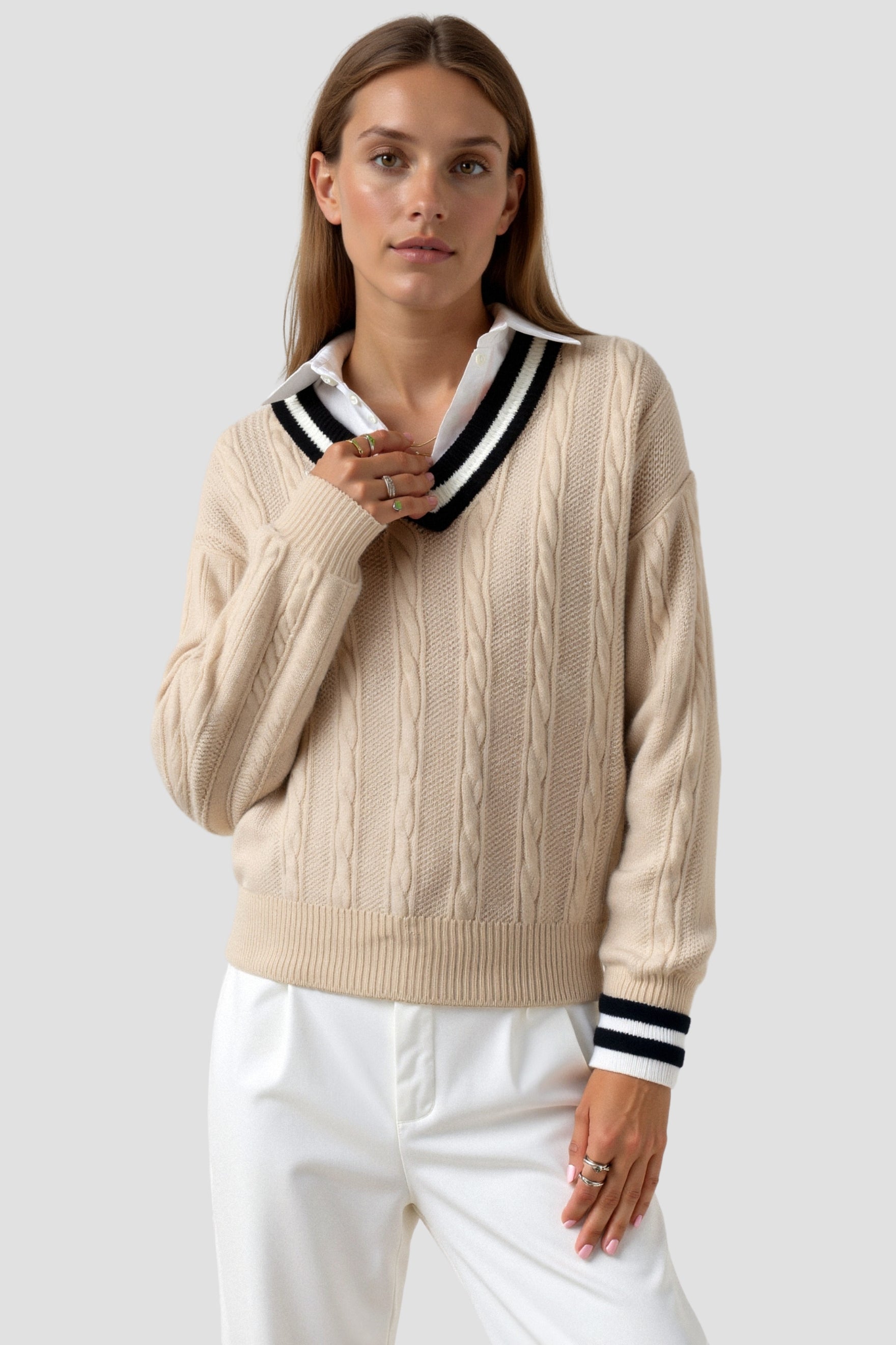 Old Money Kontrastbesatz V-Ausschnitt Eleganter Kabelstrick Langarmpullover