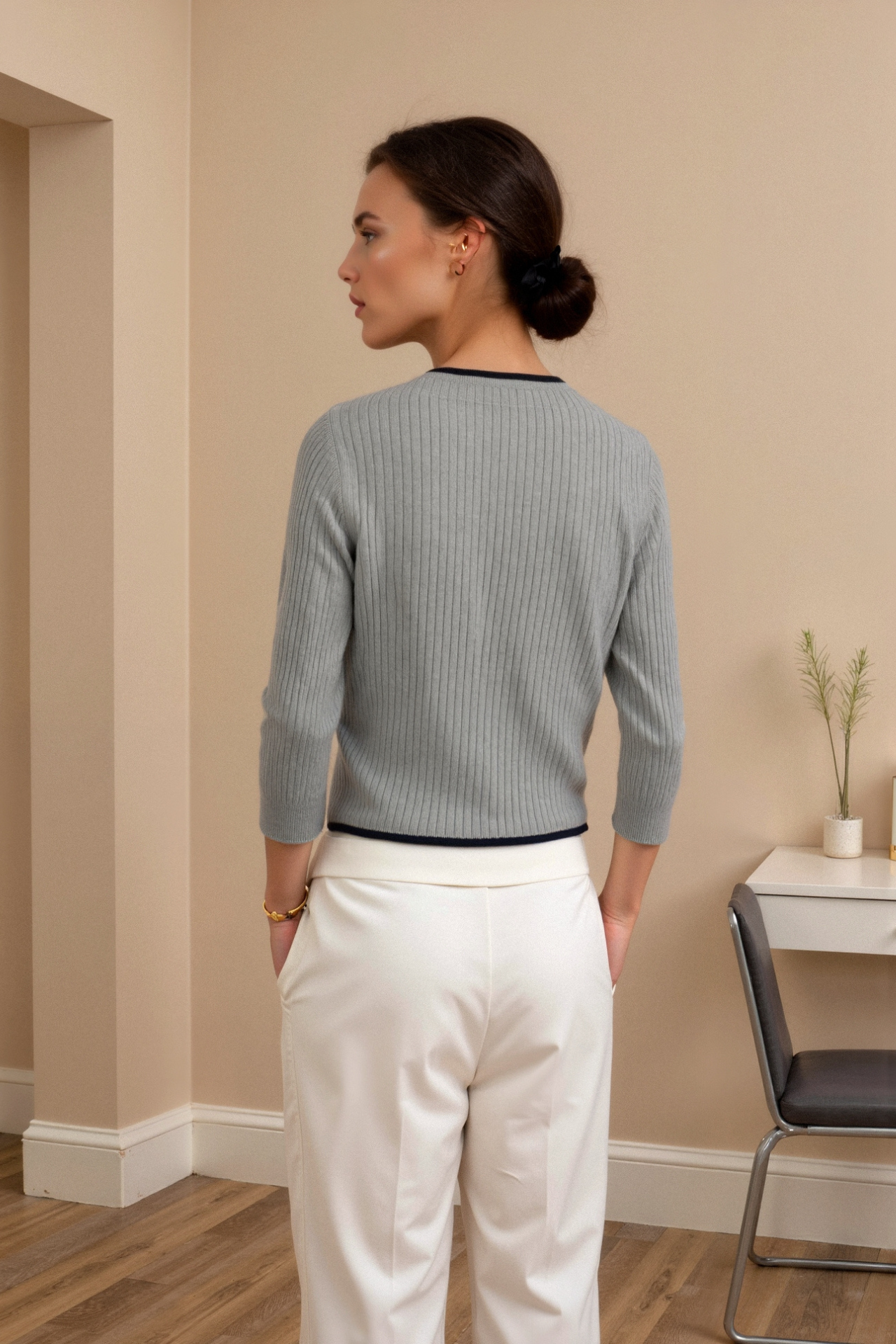 Old Money Kontrastbesatz Graues Etikett Kragenpullover