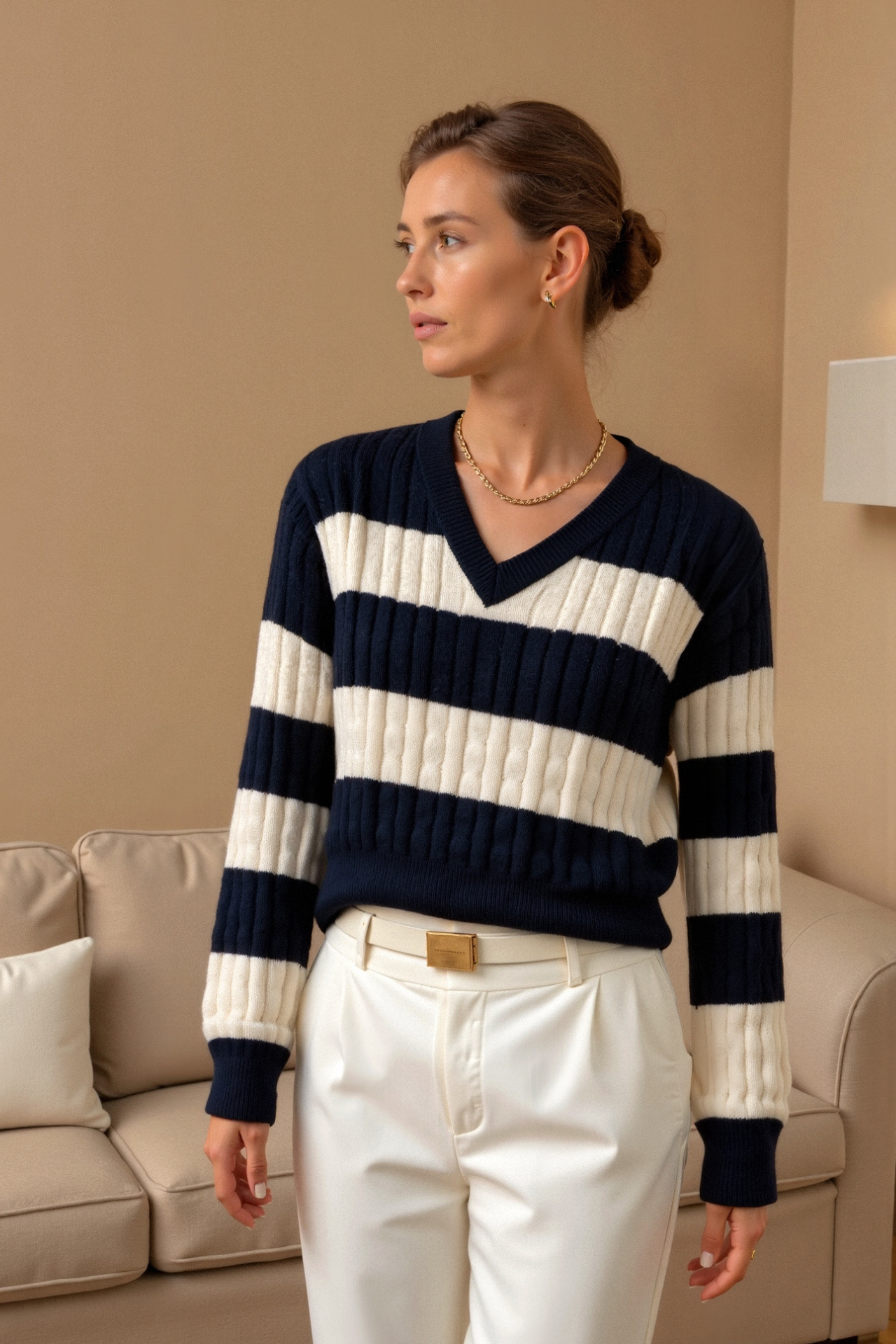 Old Money Kabelstrick Farbblock V-Ausschnitt Eleganter Fall-Schulter Pullover