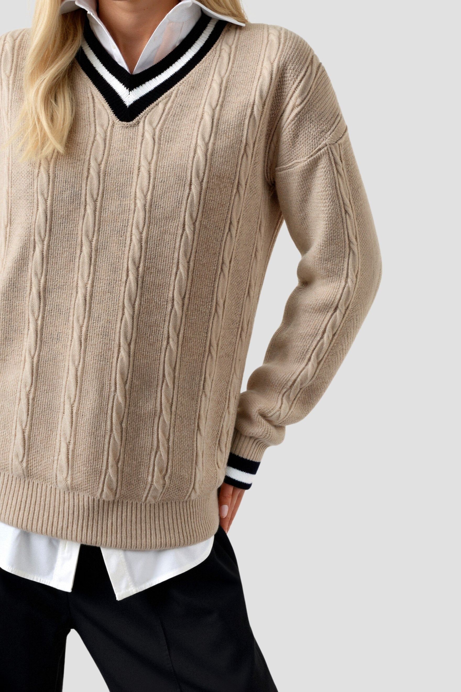 Old Money Kontrastbesatz V-Ausschnitt Eleganter Kabelstrick Langarmpullover