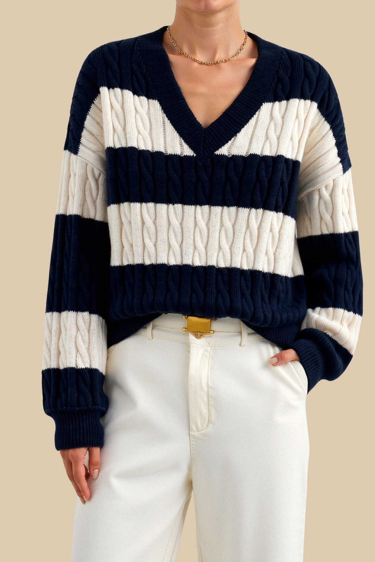 Old Money Kabelstrick Farbblock V-Ausschnitt Eleganter Fall-Schulter Pullover