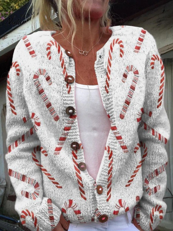 Festlicher Zuckerstangen-Design Knopf-Cardigan Pullover