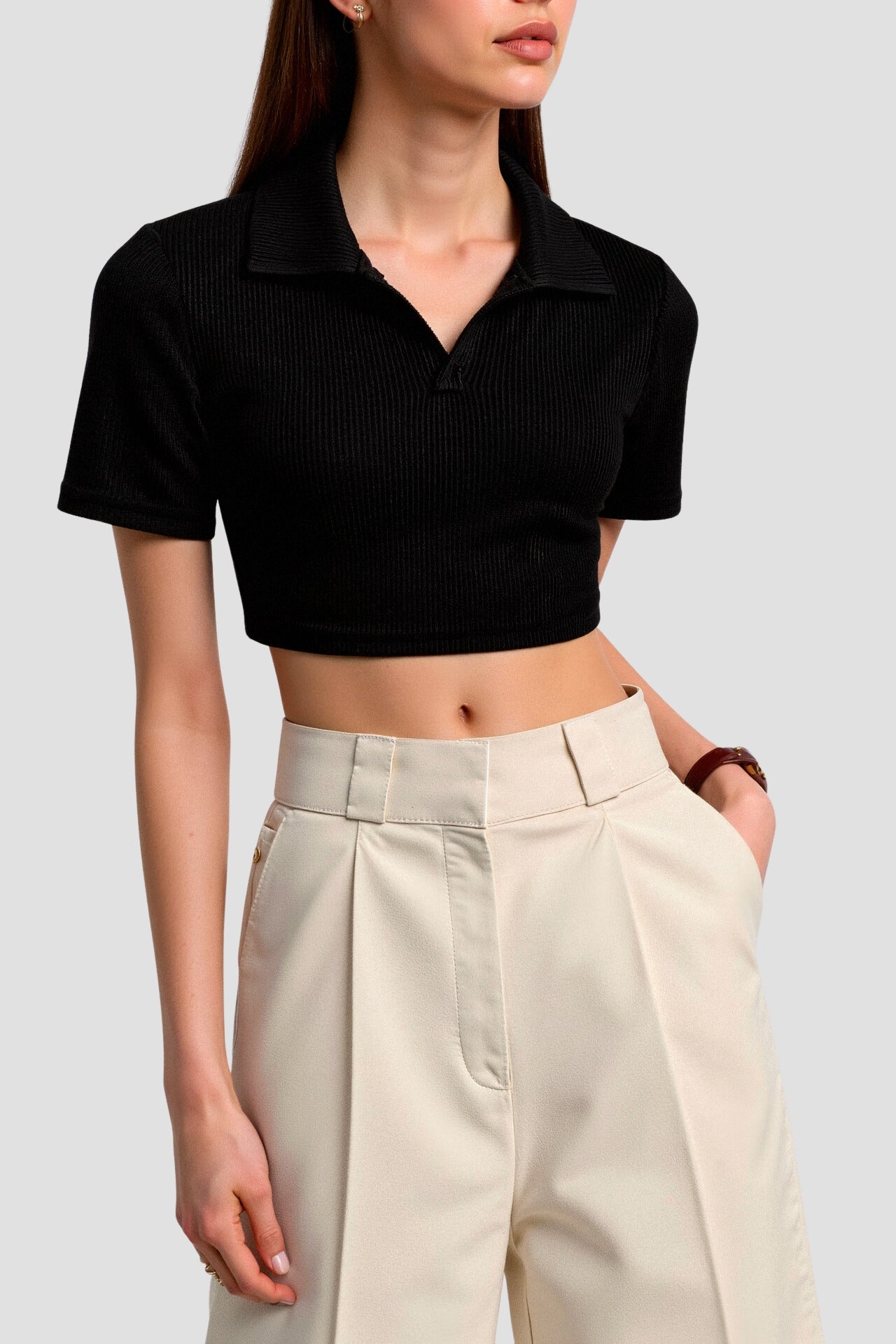 Old Money Cropped Solid Collared Kurzarm Ripp-Polo T-Shirt