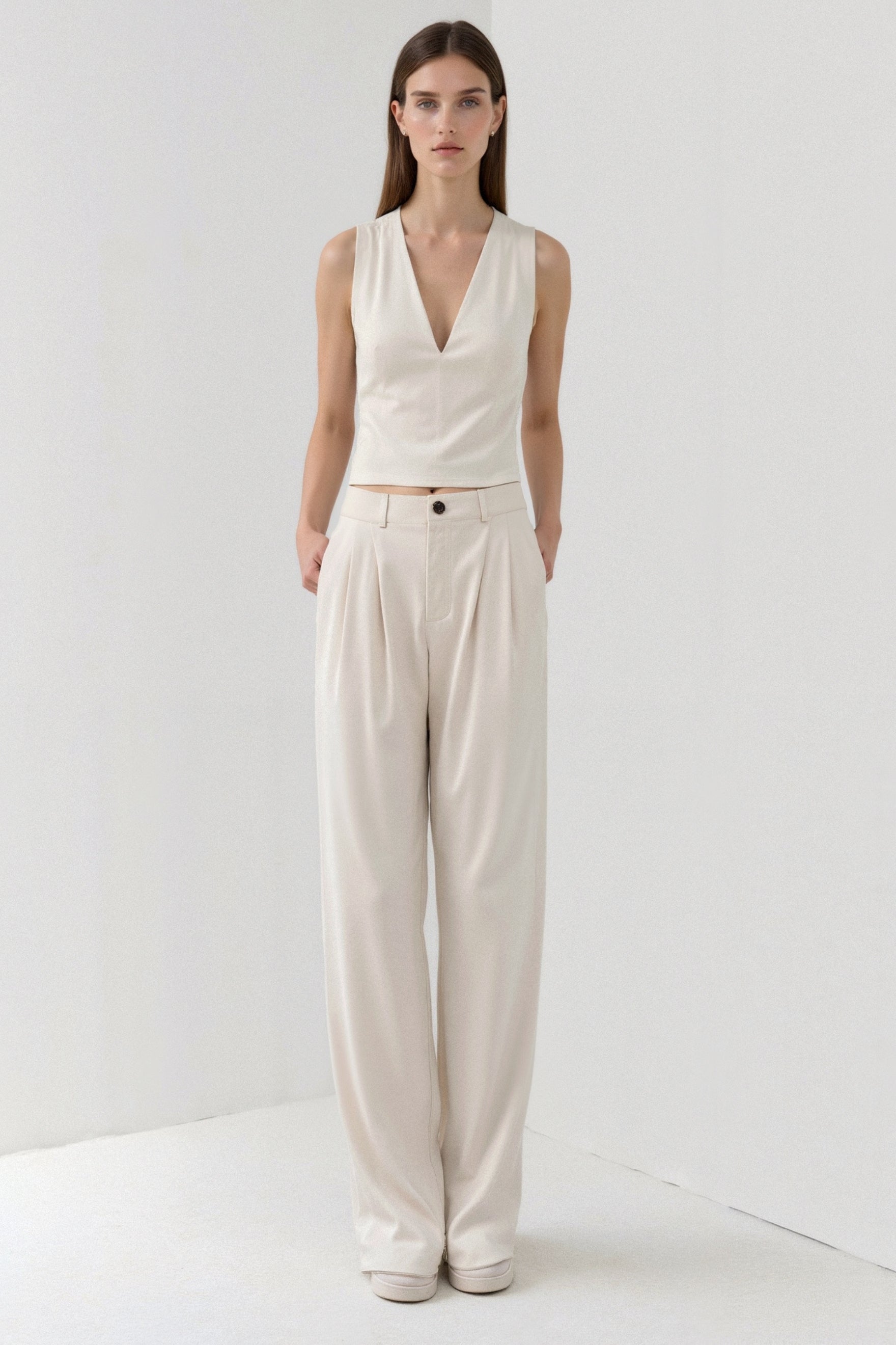 Old Money Solide Knopf-Front Hohe Taille Plissierte Hose