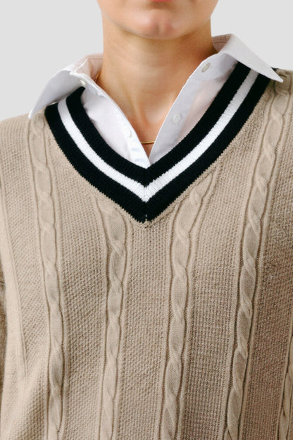 Old Money Kontrastbesatz V-Ausschnitt Eleganter Kabelstrick Langarmpullover