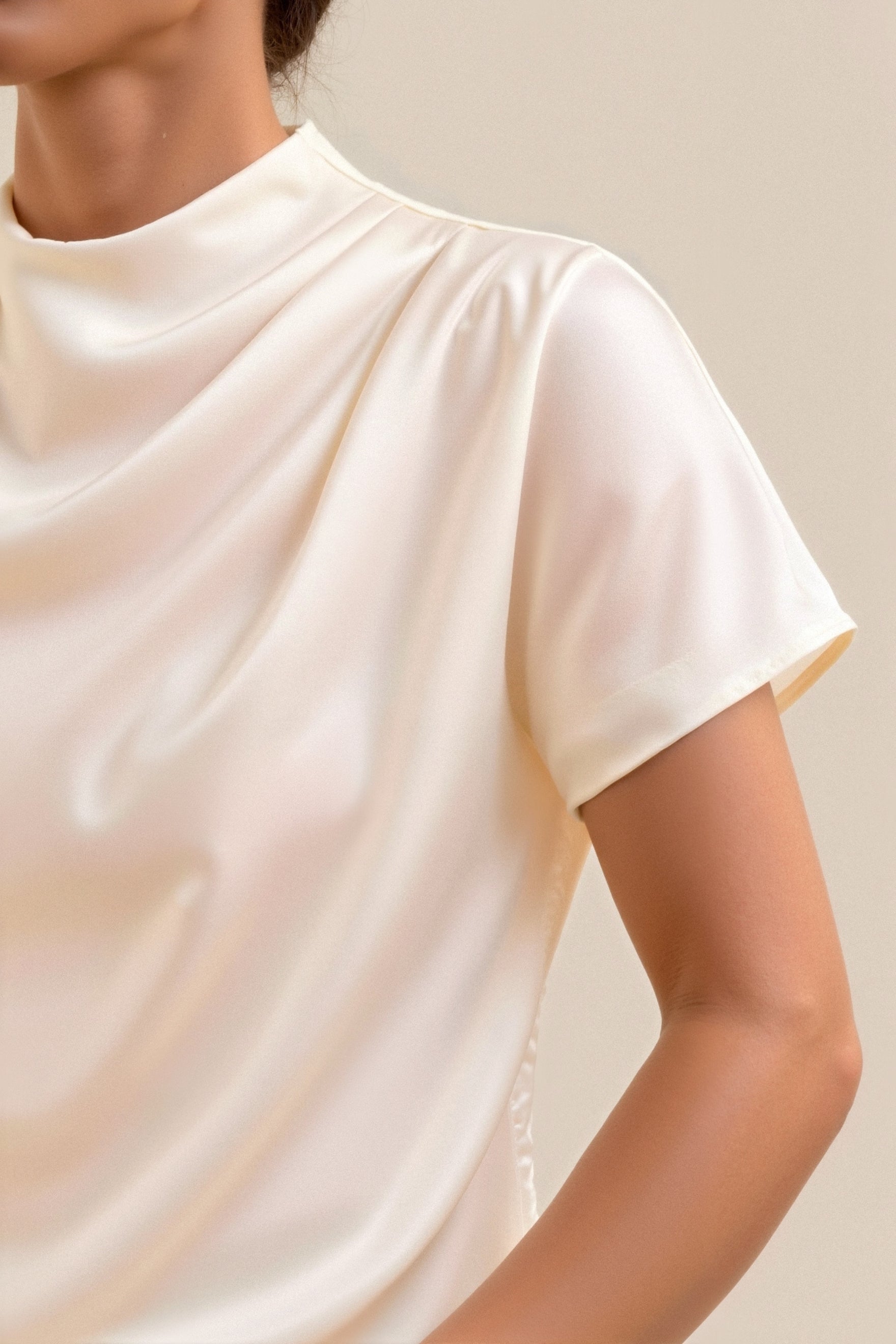 Old Money Plain Premium Solid Pleated Mock Neck Bluse