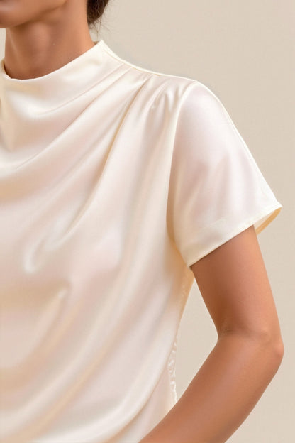 Old Money Plain Premium Solid Pleated Mock Neck Bluse