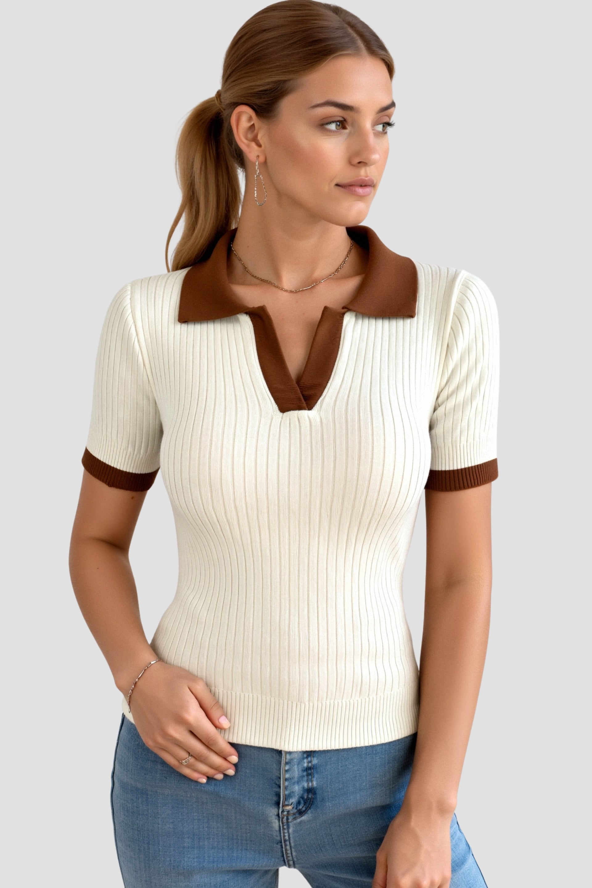 Old Money Casual Polo Farbblock Notched Collar Stricktop