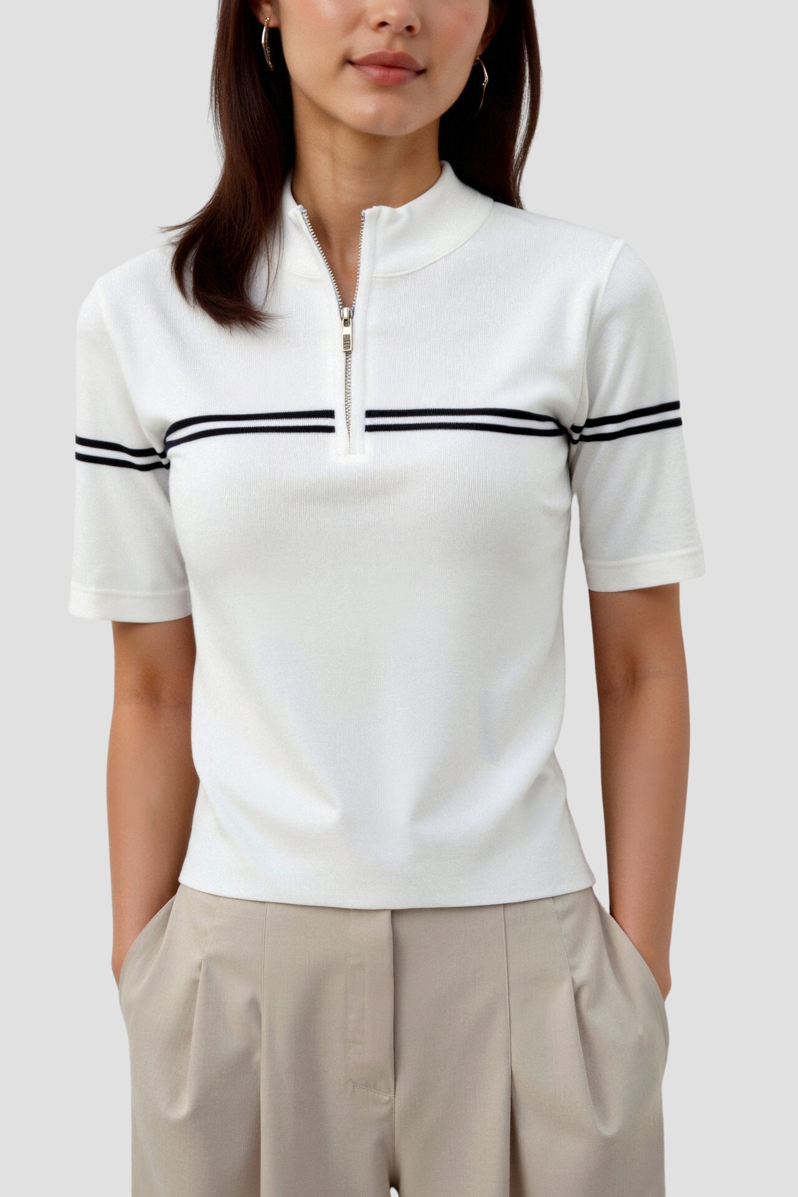 Old Money Zip Up Elegantes Kurzarm Gestreiftes T-Shirt