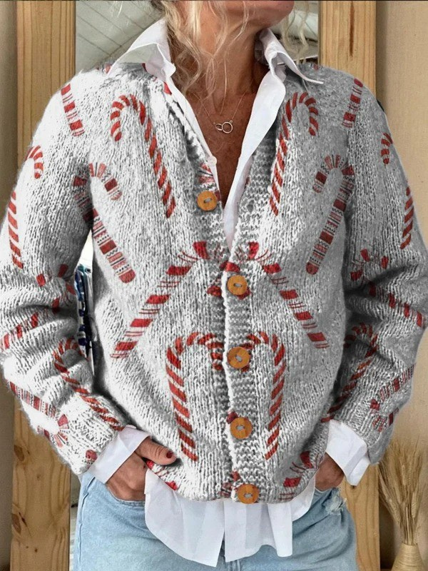 Festlicher Zuckerstangen-Design Knopf-Cardigan Pullover