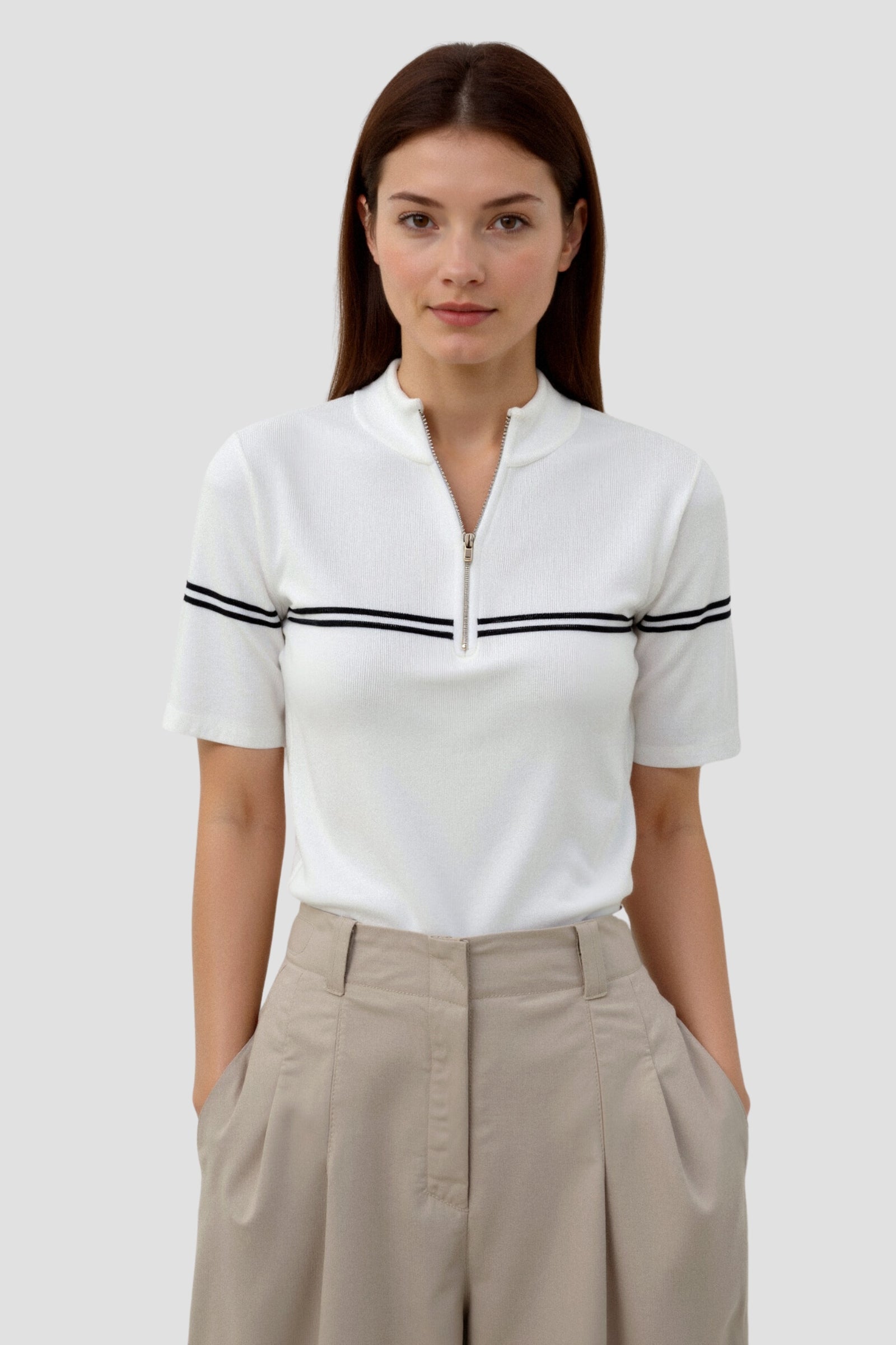 Old Money Zip Up Elegantes Kurzarm Gestreiftes T-Shirt