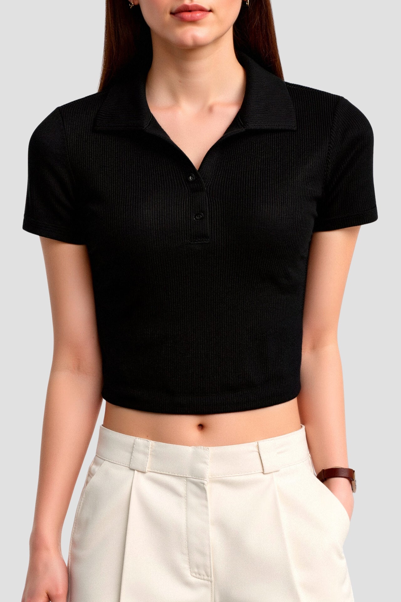 Old Money Cropped Solid Collared Kurzarm Ripp-Polo T-Shirt
