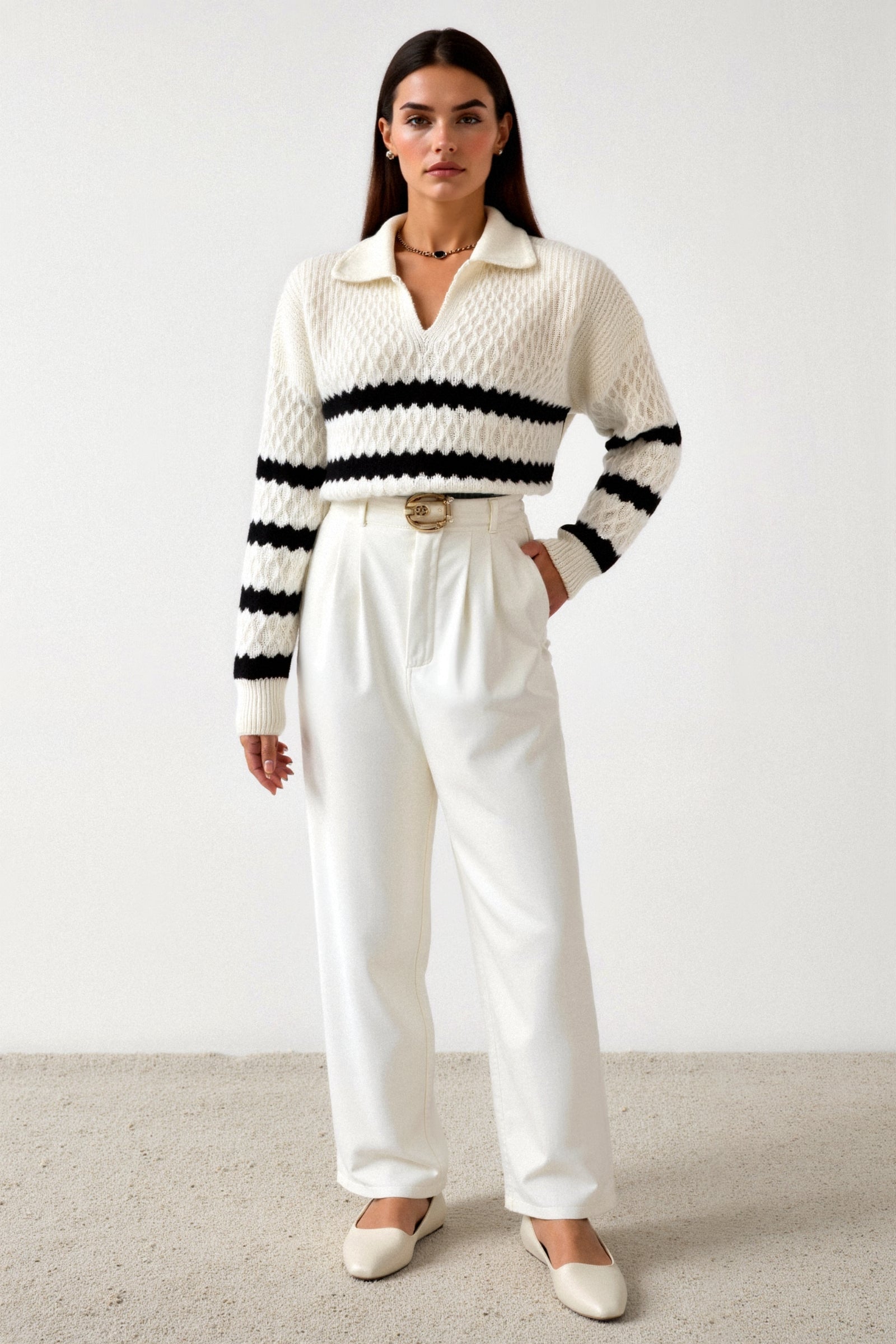 Eleganter Kabelstrick gestreifter Diamantstruktur Kragenpullover