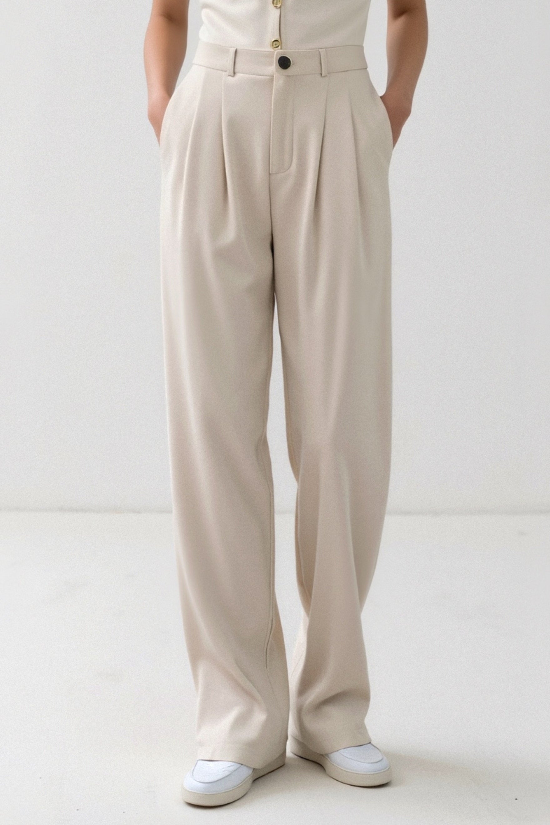Old Money Solide Knopf-Front Hohe Taille Plissierte Hose
