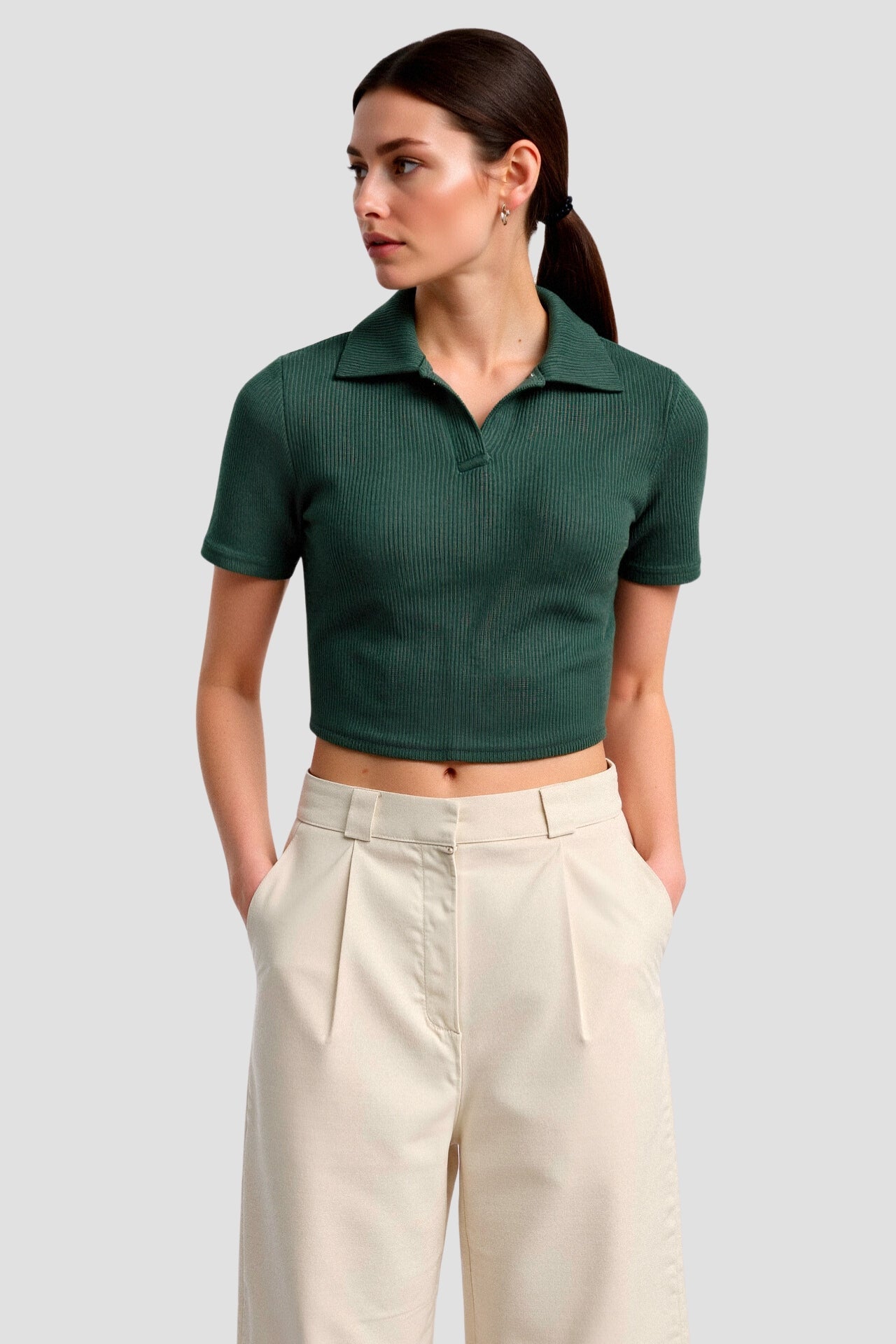 Old Money Cropped Solid Collared Kurzarm Ripp-Polo T-Shirt