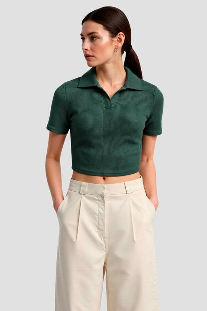 Old Money Cropped Solid Collared Kurzarm Ripp-Polo T-Shirt