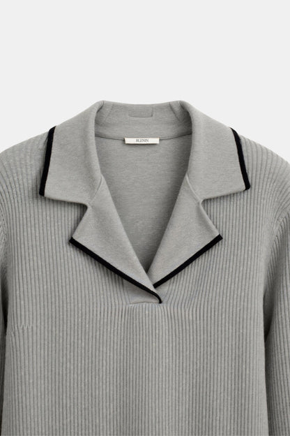 Old Money Kontrastbesatz Graues Etikett Kragenpullover