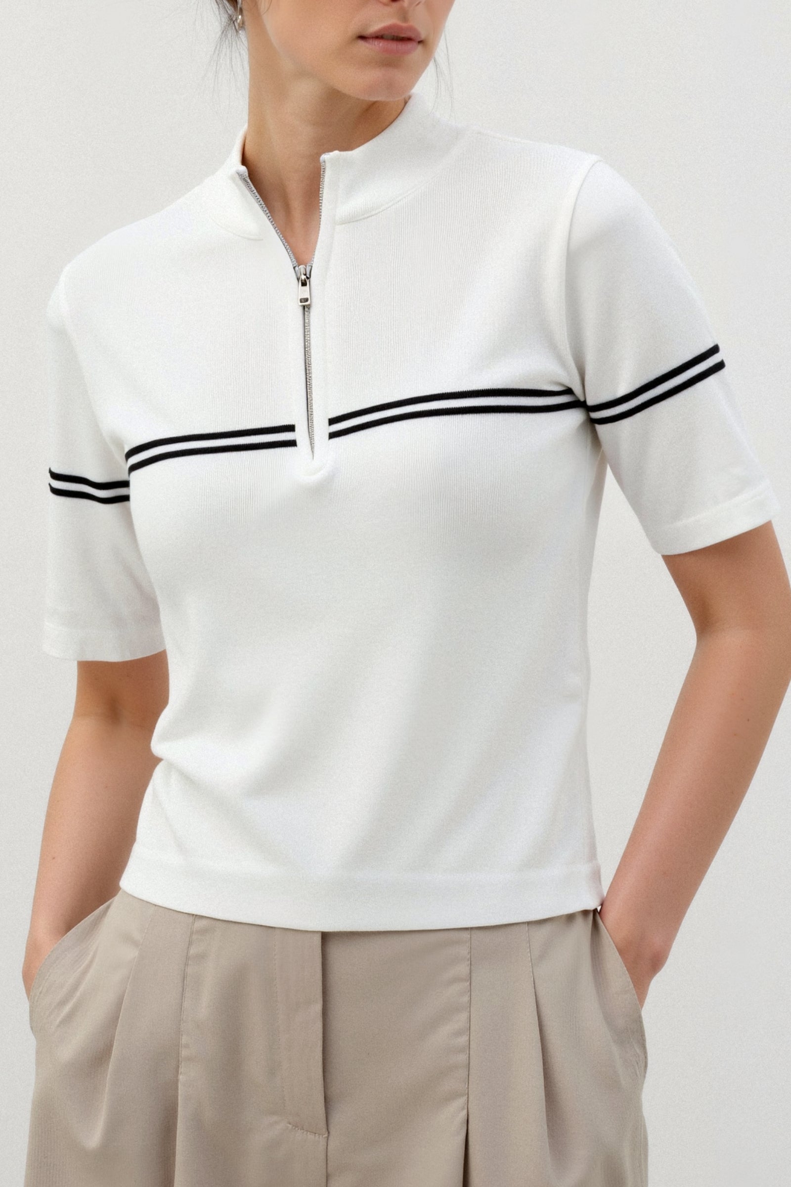 Old Money Zip Up Elegantes Kurzarm Gestreiftes T-Shirt
